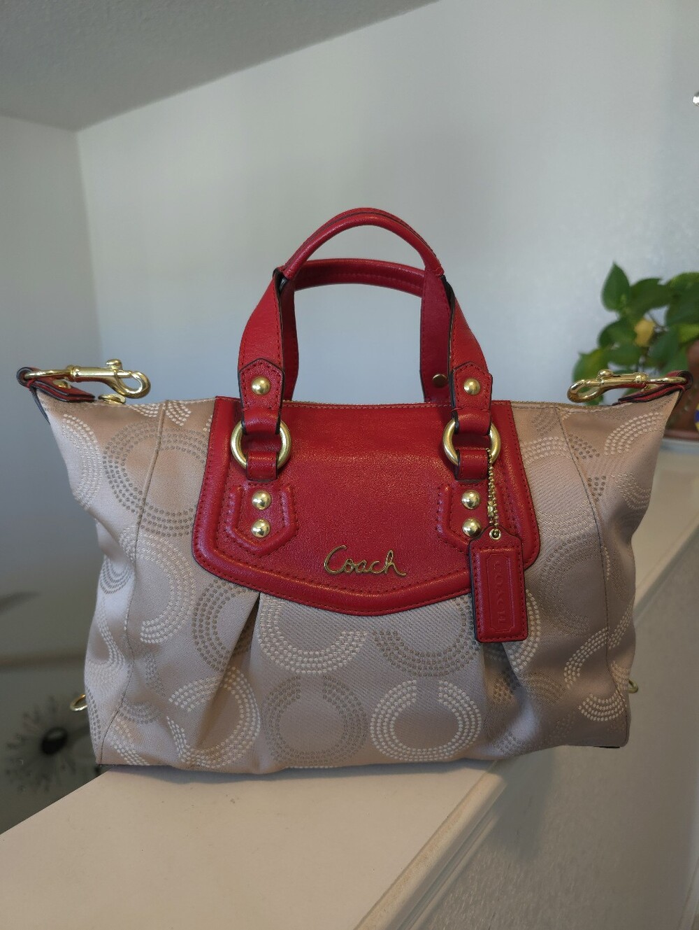 Coach Ashley Dotted Op Art Beige Red Carryall Satchel #F20027 - Picture 4 of 16